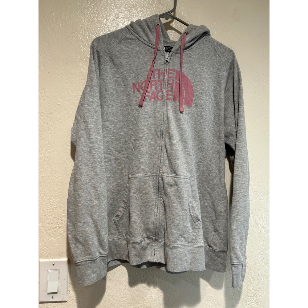 The North Face Womens XL Gray Pink Full Zip Logo Hoodie Sweatshirt Regular Fit